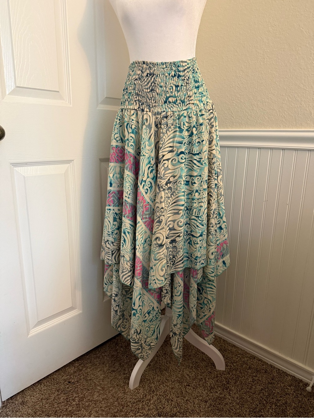 Etc Silk Blend Smocked 2-in-1 Handkerchief Midi Dress Skirt NWOT - Picture 9 of 10
